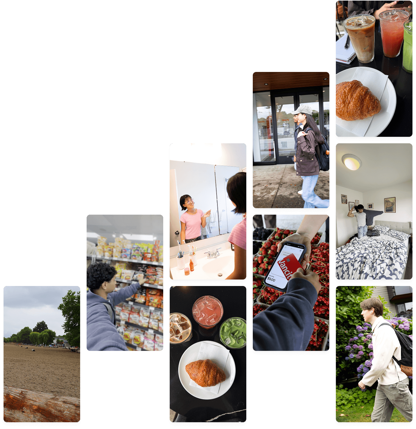 Collage showing everyday student life, including commuting, shopping, socializing, digital payments, and leisure activities.