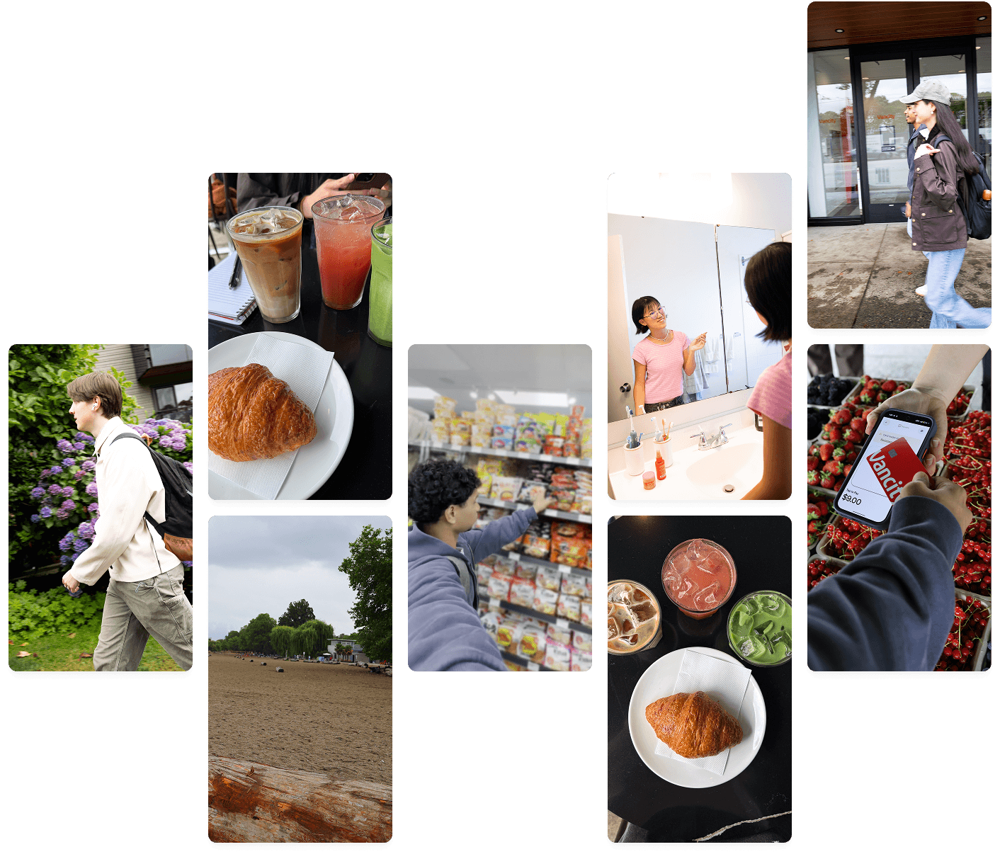 Collage showing everyday student life, including commuting, shopping, socializing, digital payments, and leisure activities.